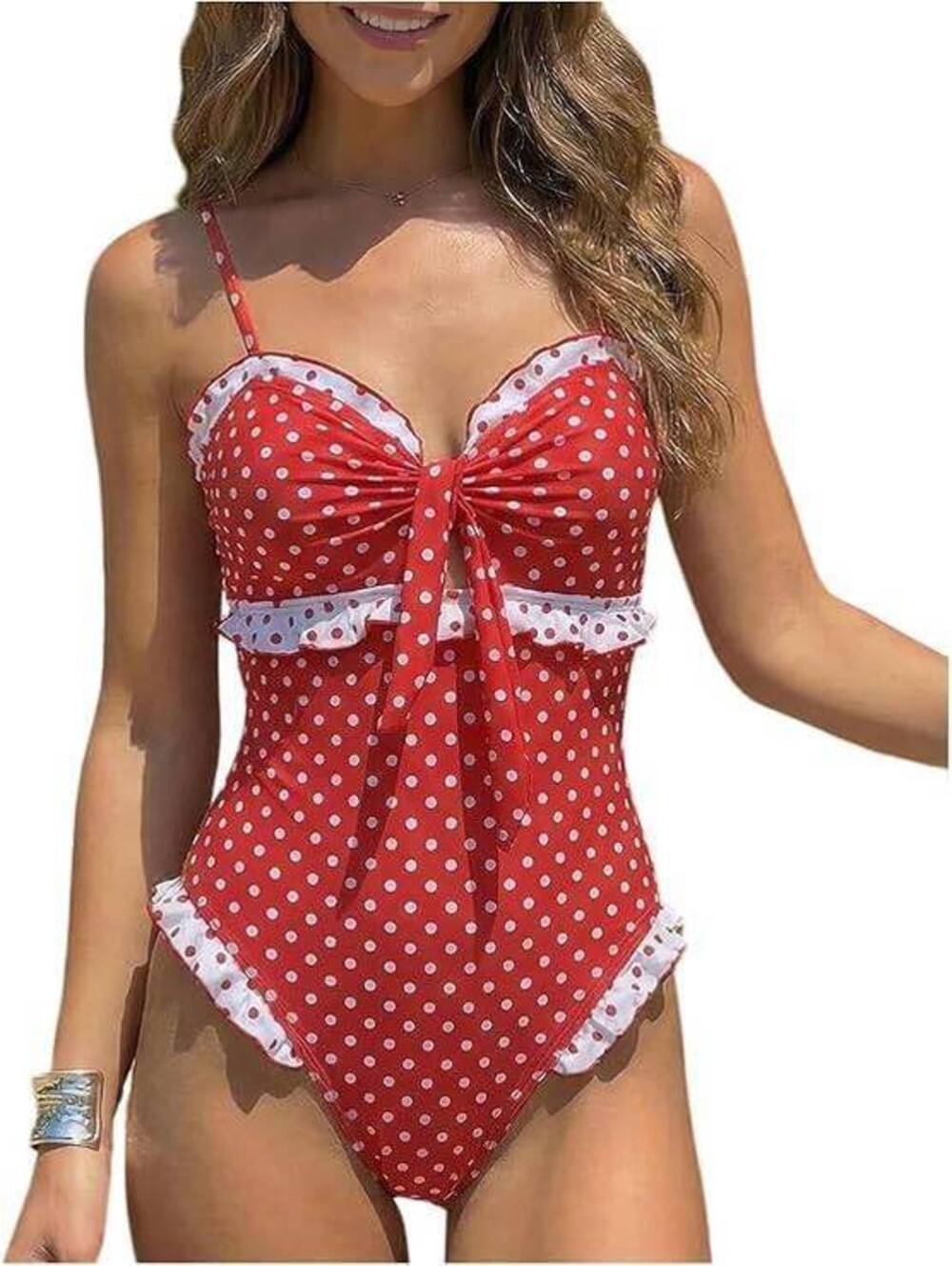 NWT Verdusa Women’s Red Polka Dot Bow Tie Ruffle One Piece Swimsuit, M